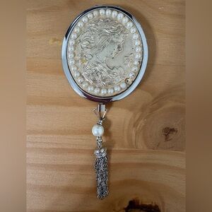 Elegant Silver and Pearl Tassel Portable Makeup Mirror